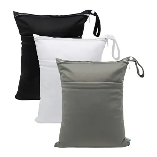 babygoal Wet Dry Bags for Baby Cloth Diapers, Washable Travel Bags, Beach, Pool, Gym Bag for Swimsuits & Wet Clothes with 2 Pockets 3 Pack L-BWG - 01 Black&Grey&White