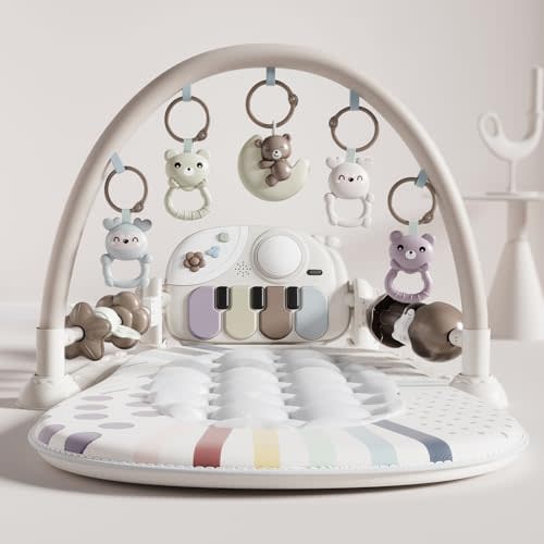 Jovow Baby Gym with Kick and Play Piano, Baby Play Mat Tummy Time Activity Gym Mat with 5 Infant Sensory, Music & Lights Boy or Girl for Newborn 0 to 3 6 9 12 Months