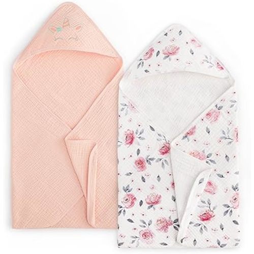 PHF 100% Muslin Cotton Baby Hooded Towels, 2 Pack Bath Towel with Hood for Newborn, Infant, Toddler, Ultra Soft and Absorbent Baby Bath Essentials, Shower Gifts for Girls, 32x32Inch, Pink Floral