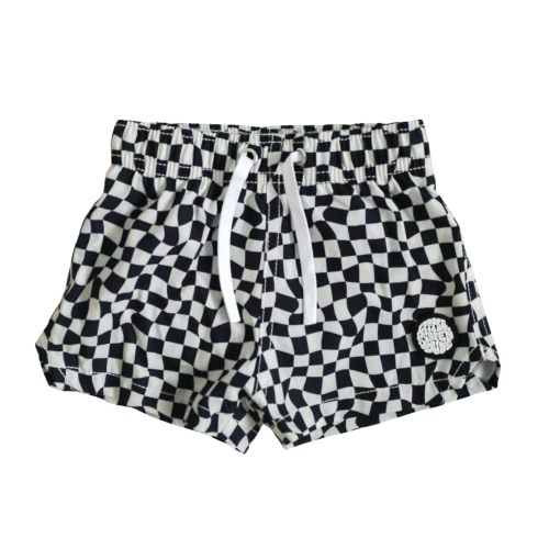 Swim Black and White Checkered Little Surfer Dude Swim Trunks