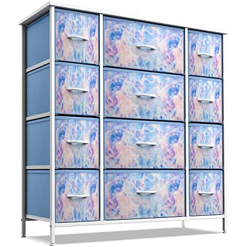 Sorbus Kids Dresser with 12 Drawers - Chest Organizer Unit with Steel Frame Wood Top & Handle, Fabric Bins for Clothes - Large Furniture for Bedroom Hallway Kids Room Nursery & Closet (Blue - Tie-dye)