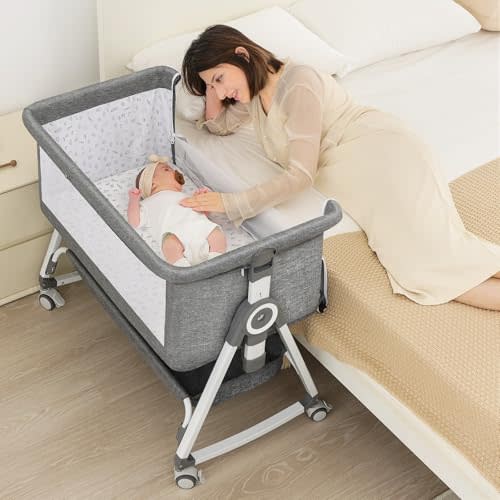 OHFLY 4-in-1 Baby Bassinet Bedside Sleeper for Newborns - Baby Rocking with 6 Adjustable Heights and 360° Locking Wheels | Portable Infant Crib with Storage Basket and Mosquito Net | Breathable Mesh