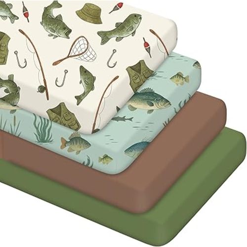 VitalCozy 4 Pcs Gone Fishing Crib Sheet Set Newborn Bedding Nursery Baby Sheets for Girl Boys Baby Gifts for Standard Crib and Toddler Mattresses, 52 x 28 x 8 Inches