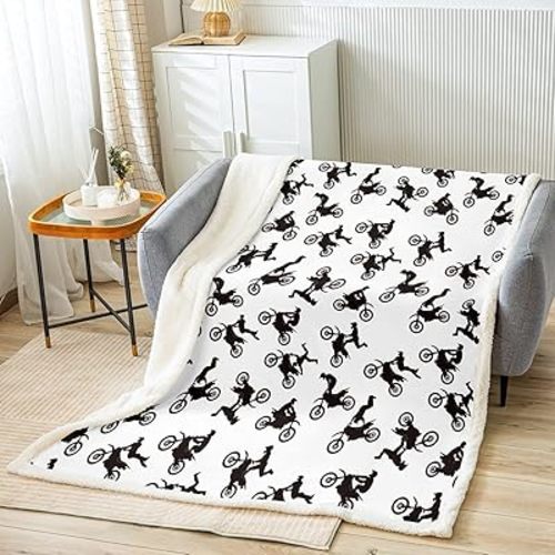 Motocross Rider Fleece Throw Blanket for Bed Sofa Couch Kids Extreme Sports Motorcycle Fuzzy Blanket Dirt Bike Motorbike Sherpa Blanket Boy Room Decor Plush Blanket 40“x50