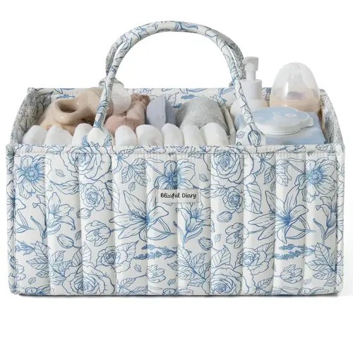Blissful Diary Floral Diaper Caddy Organizer, Stylish Nursery Storage Basket, Gift for Baby Shower, Baby Registry Must Have, Newborn Essentials, Blue Floral