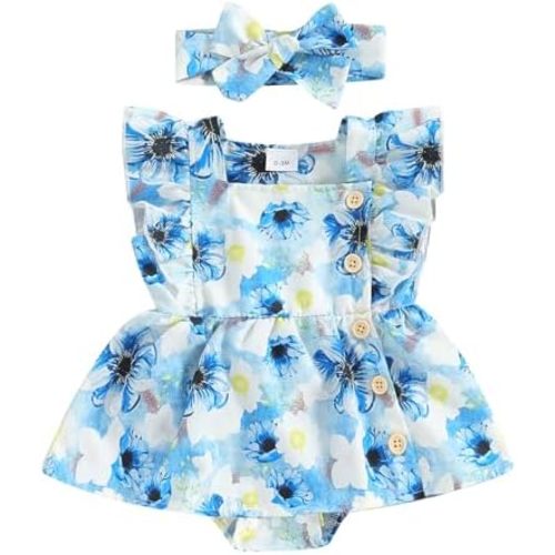 Madjtlqy Toddler Baby Girl Summer Clothes Ruffled Sleeves Solid Color Flower Romper Dress Newborn Outfits with Headband