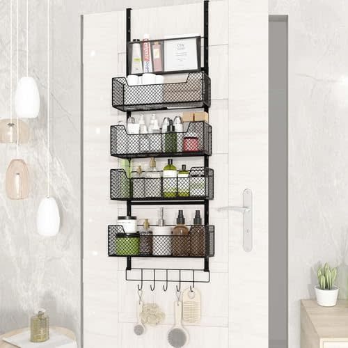 Hongtamoya Adjustable Over The Door Organizer, Heavy Duty Hanging Door Storage with 4 Metal Baskets and PVC Pocket, Behind Organizer for Bathroom Closet Bedroom Pantry Cabinet, Black