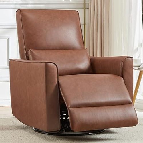 IDEALHOUSE Swivel Rocking Nursery Chair Rocker Recliner Glider Deep Seat PU Leather Sofa Chair with high Backrest for Nursery,Living Room,Bedroom&Home Movie Theater,Brown