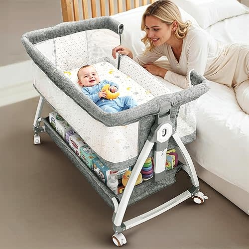 Earth&ME Baby Bassinet Bedside Sleeper with Rocking - All Mesh Portable Bedside Crib for Safe Co-Sleeping, Storage Basket and Wheels, Adjustable Height, Includes Travel Bag, Mosquito Net (Whate, Grey)