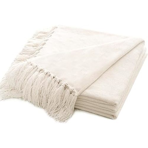 RECYCO Throw Blanket Soft Cozy Chenille Throw Blanket with Fringe Tassel for Couch Sofa Chair Bed Living Room Gift (Ivory White, 50" x 60")