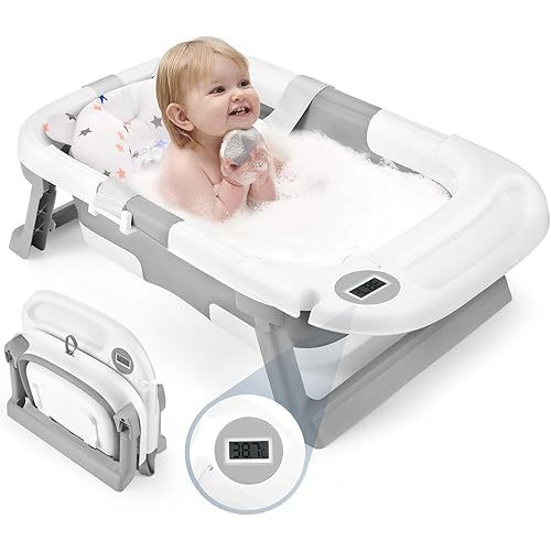 Baby Bathtub, Newborns Bath Essentials, Portable Bath tub For Infant 0-24 Months，Baby Shower Gifts With Soft Cushion,Temperature Sensor and Tray