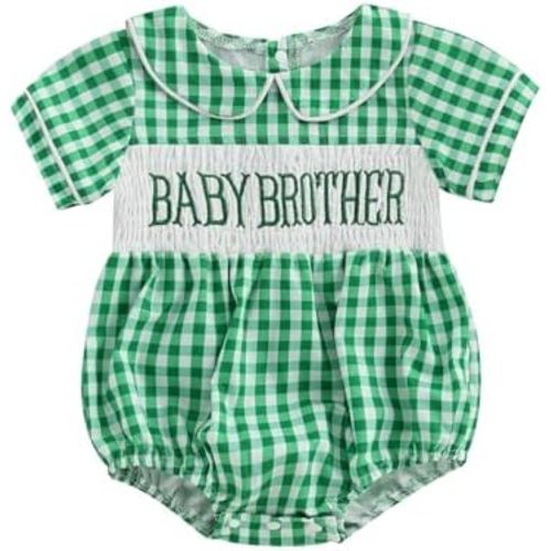Baby Brother Romper Infant Boy Letter Print Bubble Rompers Gingham Babydoll Collar Short Sleeve Smocked Bodysuit