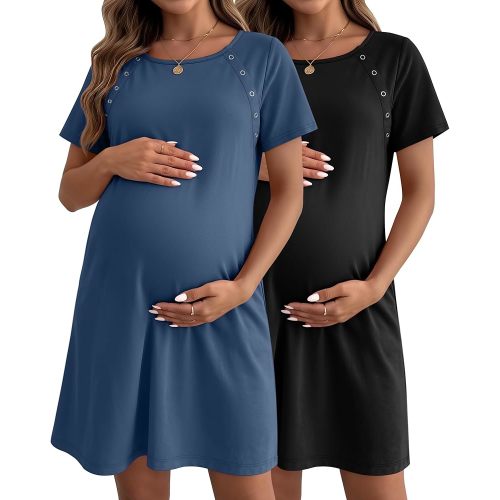 Huukeay 2 Pack Labor and Delivery Hospital Gown Women Nursing Birthing Maternity Dress 3 In1 Breastfeeding Buttons Pjs Robe(Black, Denim Blue,X-Large)