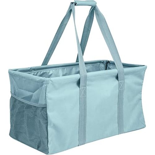 Extra Large Utility Tote Bag - Oversized Collapsible Reusable Wire Frame Rectangular Canvas Basket With Two Exterior Pockets For Beach, Pool, Laundry, Car Trunk, Storage - Light Blue