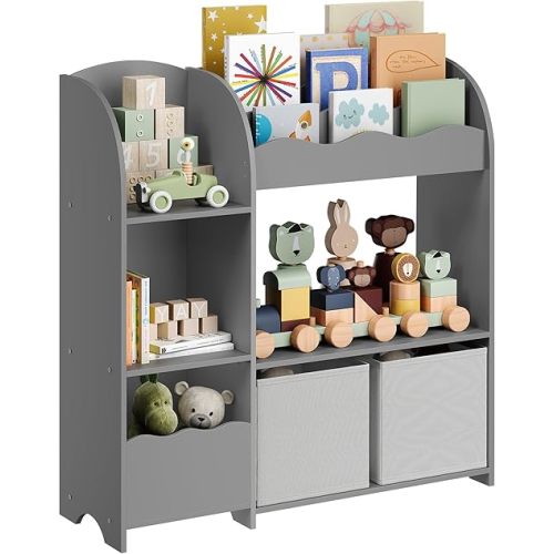 SONGMICS Toy and Book Organizer for Kids, Kids Bookshelf and Toy Storage, Storage Organizer with 2 Storage Boxes, for Playroom, Children's Room, Living Room, Dove Gray UGKR042G01