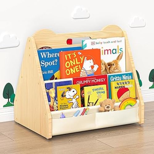 Solid Pine Wood Kids Bookshelf, Double-Sided Nursery Book Shelves, Portable Toddler Bookshelf, Montessori Bookcase, Book Shelf for Kids Rooms, Childrens Book Storage Display for Bedroom Classroom
