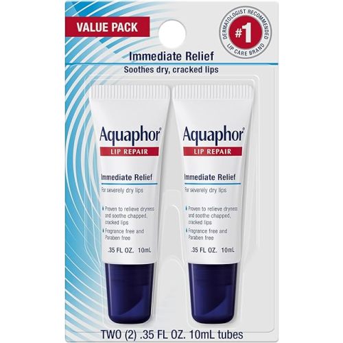 Aquaphor Lip Repair Ointment, Moisturizing Lip Balm Pack, Relieves Dryness, 0.35 Tube, Pack of 2
