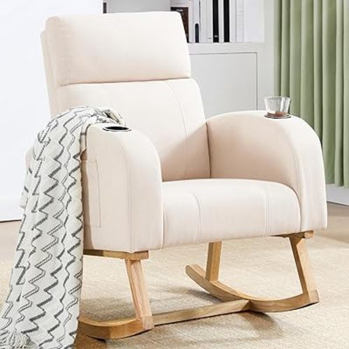 Rocking Chair Nursery, Nursery Rocking Chairs with Cup Holders, Nursing Rocking Chair Glider Rocker Indoor for Nursery, Living Room, Bedroom, Beige