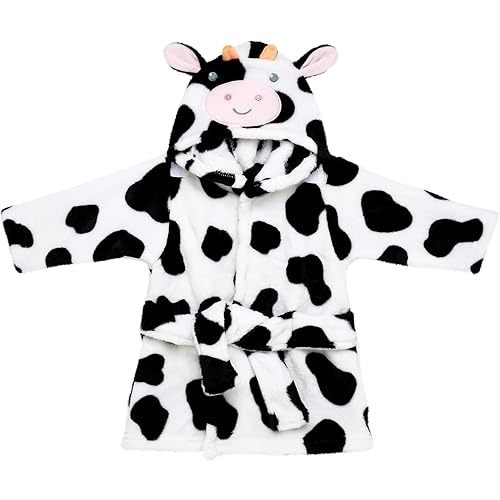 Novelty Plush Robe witih Cow Embroidered Hood for Baby, Infant 0-9M (Black and White Cow Print)