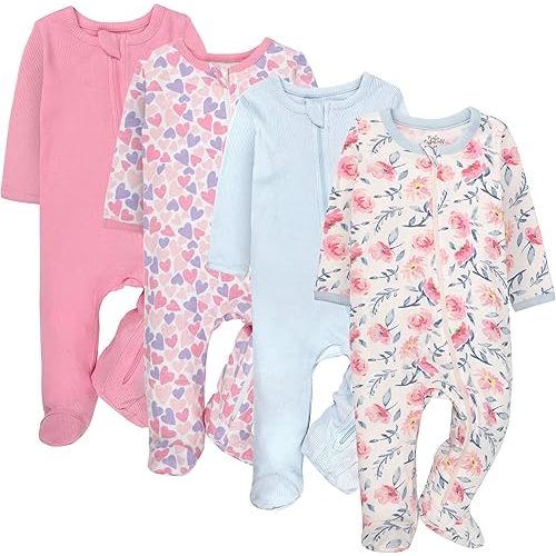 Baby Essentials Girls 4 Piece Patterned and Solid Pack Footies
