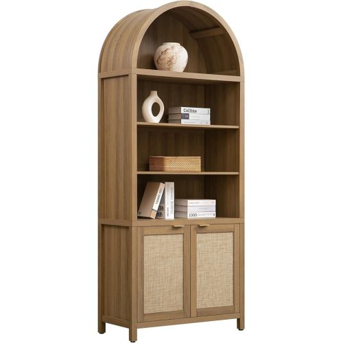 SICOTAS Book Shelf Arched Cabinet Bookshelf Arch 84.2" Tall Bookcase 5 Tier Large Bookshelves with Doors Storage Rattan Boho Wide Book Shelves Case for Living Room Kitchen Office Bedroom Library