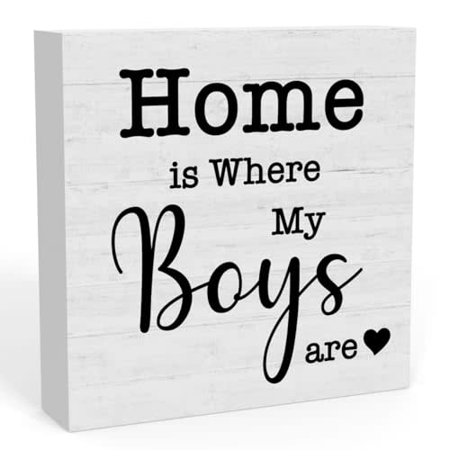 Home is Where My Boys are Sign, New Mom Gifts, Funny Mothers Day Gifts ideas for Mom Mother Mommy, Home Family Living Room Bedroom Decor 5 X 5 Inch