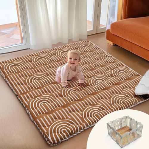 Soft Thicker Baby Mat for Floor 50"x50", Non-Slip Baby Play Mat, Easy to Clean 50x50 Playpen Mat, Portable Playmat, Crawling Mat for Infants, Babies, Toddlers, Activity Mat, Rainbow, Brown
