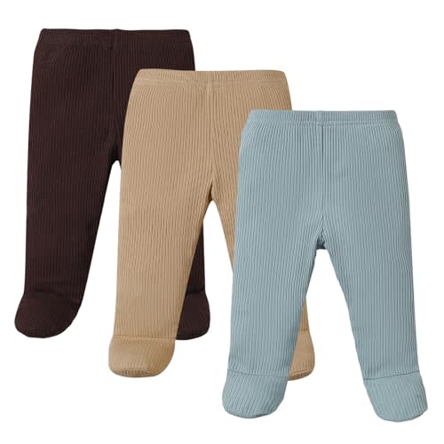 SOBOWO Newborn Baby Boy Girl 3 Pack Solid Ribbed Pull On Footie Pants Bottoms Trouser Crawling Pants 0-9 Months