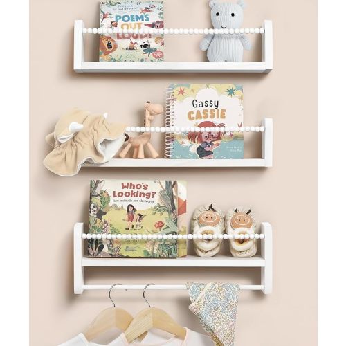 Nursery Book Shelves for Wall Set of 3, White Natural Wood Bookshelf Wall Decor, Small Floating Shelf Organizer for Kids Room, Bedroom, Kitchen Spice Rack