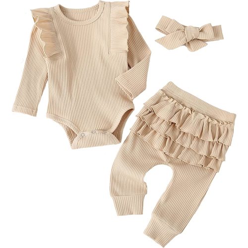 Baby Girl's 3pc Rib Frill Long Sleeve Romper and Pant Set