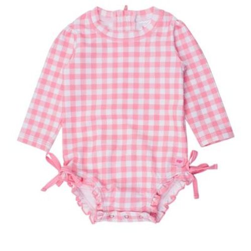 Rufflebutts Baby Long Sleeve One Piece Rash Guard - Vibrant Flamingo, Size : 3-6 Months