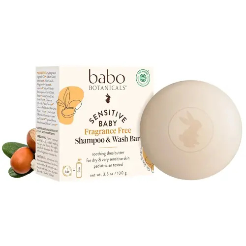 Babo Botanicals Sensitive Baby Fragrance-Free 2-in-1 Shampoo & Wash Bar - Shea Butter, Calendula & Aloe Vera - EWG Verified - Cruelty-Free - Vegan - Pediatrician Tested - For Babies & Kids