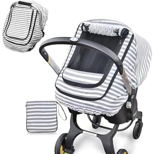 Car Seat Covers for Babies,Baby Car Seat Cover for Boys Girls,Windproof Infant Carseat Cover,Kick-Proof Car Seat Canopy with Breathable Mesh Peep Window,(Grey Stripe)