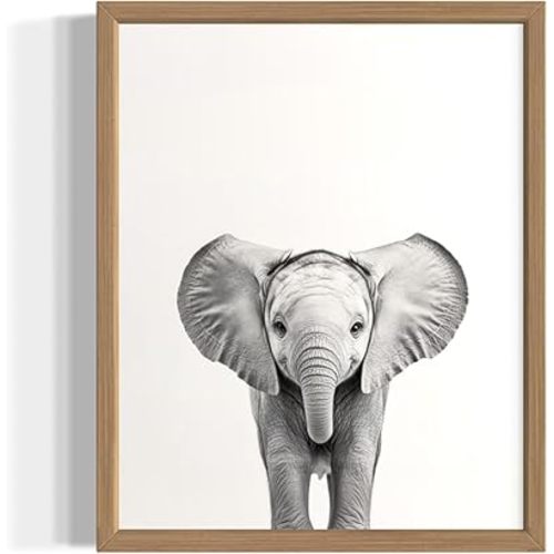 African Elephant Wall Art Print Poster, Cute Animal Black and White Picture Painting Nature Kids Children's Room Nursery Bathroom Play Room 159A (African Elephant, 11 x 14 inches, Wood Frame)