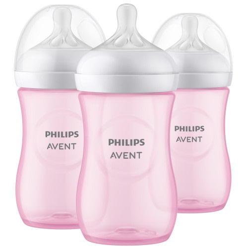 Avent 3-Pack Ergonomic Natural Wide-Neck Bottles (9 oz.) - Anti-Colic, Easy Latch, Pink