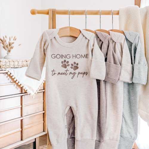 Going Home to Meet My Pups Baby Outfit - Baby Gift for Dog Lovers, Newborn Coming Home Outfit, Baby Boy or Girl Custom Embroidered Romper