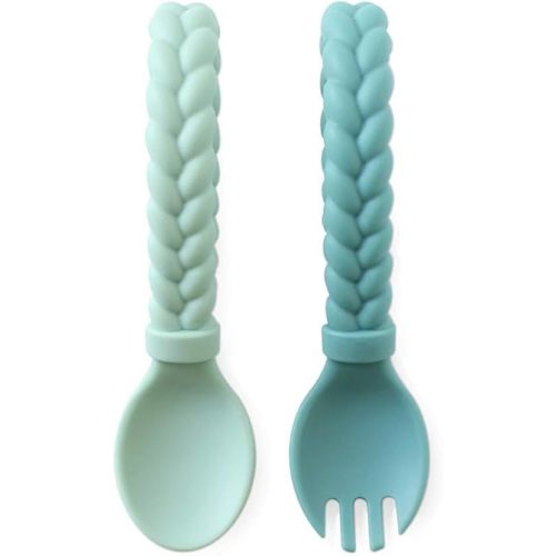 Itzy Ritzy Silicone Spoon & Fork Set; Baby Utensils Featuring a Baby Fork and Spoon with Looped, Braided Handles - Made of 100% Food Grade Silicone & BPA-Free - Ages 6 Months and Up (Mint)