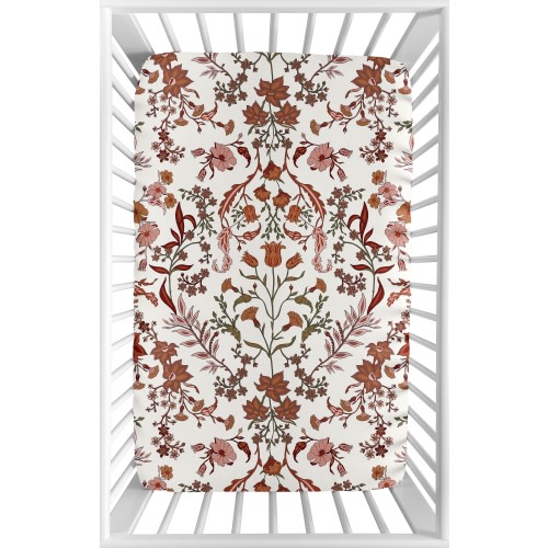 Boho Floral Wildflower Rust Orange and Ivory Mini Fitted Crib Sheet Girl by Sweet Jojo Designs