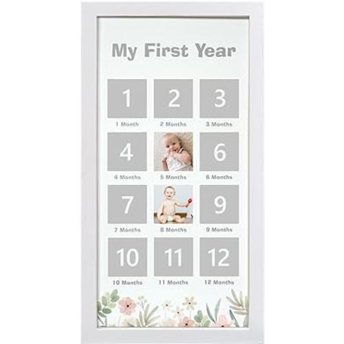 My First Year Photo Frame, Baby Keepsake Frame Baby Picture Frame, Baby Milestone Nursery Decor, Baby Shower Decor Baby First Birthday Party Gifts - Flowers2