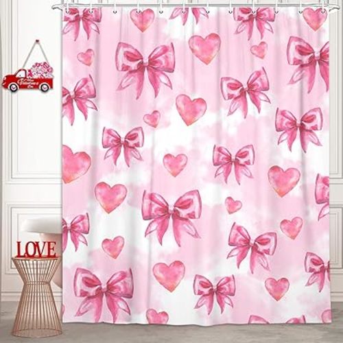 Cute Pink Bow Shower Curtain, Light Pink Romantic Butterfly Knot Waterproof Shower Curtains for Girls Women, Hot Pink Heart Aesthetic Cloth Shower Curtain Polyester Fabric Bathroom with Hooks, 72x72
