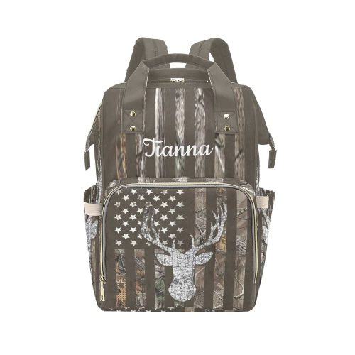 American Flag Deer Camo Brown Diaper Bags with Name Waterproof Mummy Backpack Nappy Nursing Baby Bags Gifts Tote Bag for Women