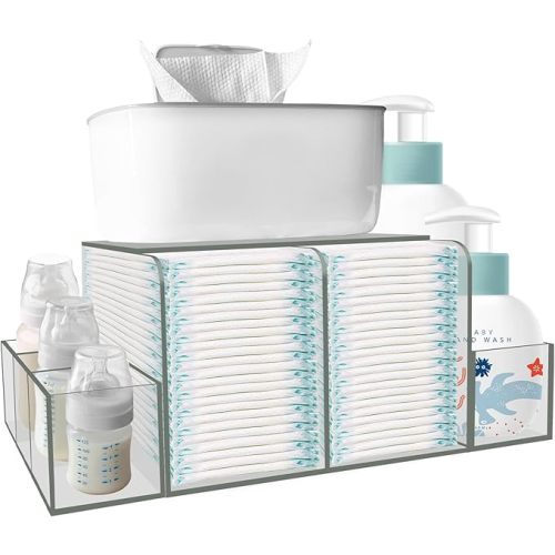Diaper Caddy, Baby Changing Table Organizer, Detachable Clear Acrylic Diaper Storage for Wipe Dispenser, Wipe Warmer and other Diapering Essentials - Transparent - 16.4x6x8.6