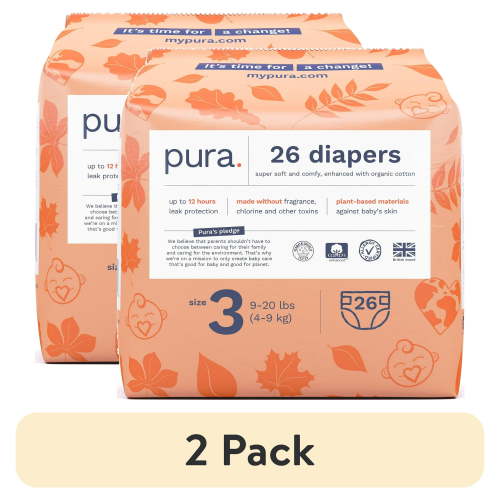 (2 pack) Pura Sensitive Soft Sustainable Baby Diapers Size 3, 26 Count (Choose Your Size and Count)