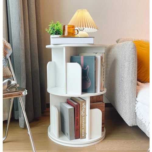 Heehee Wooden Rotating Bookshelf 360 Display Floor Standing Bookcase Storage Rack for Kids&Adults Multi-Functional Bookshelf Organizer (White (2-Tier))