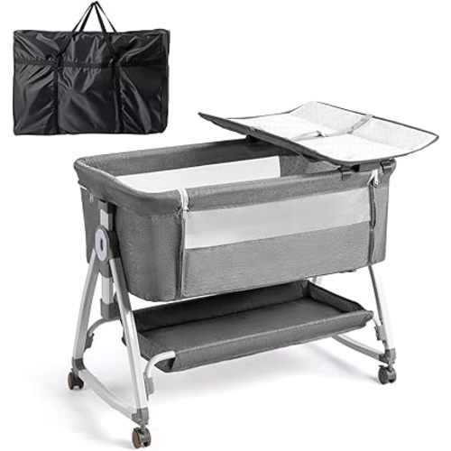 JOYMOR Baby Bassinet with Changing Table, Bedside Bassinet for Baby with Comfy Mattress and Wheels, 6 Height Adjustable Easy Folding Portable Bedside Crib for Newborn (Gray)
