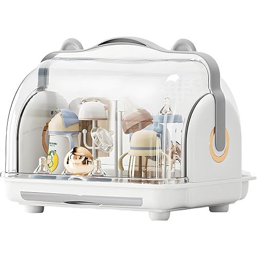 Baby Bottle Drying Rack Storage, Nursing Bottle Storage Box Organizer with Cover, Portable Kitchen Cabinet Organizer, Durable countertop Dryer (Grey)