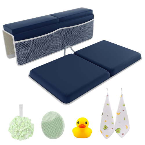Bath Kneeler & Elbow Rest Set Waterproof Memory Foam Mat with Organizer Pockets, Quick-Drying, Non-Slip, Foldable (Blue)