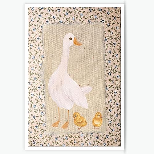 NONPAI Vintage Mother Duck Canvas Wall Art Cute Floral Duck Poster Nursery Art Prints Painting Cottagecore Animal Aesthetic Wall Decor For Living Room Teen Bedroom Kids Room 12x16in Unframed