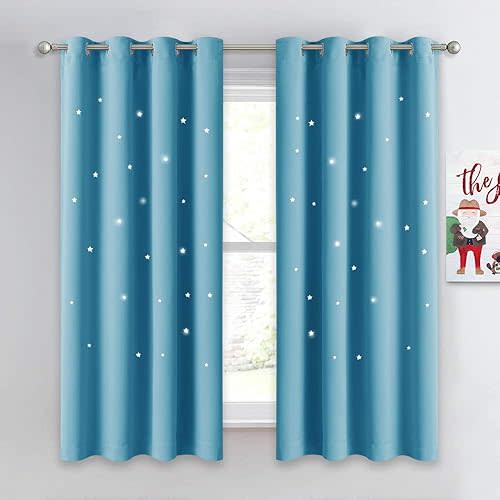 NICETOWN Twinkle Star Curtains for Baby - Kid Sky Wonder Star Cut Out Functional Room Darkening Curtains for Baby's Nursery, 52 by 63 inches, Teal Blue, 2 Pieces