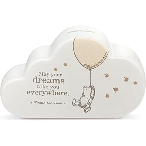 DEMDACO Pooh Classic Yellow Bear, 6.5 x 4 Inch, Classic White and Brown, Ceramic Stoneware, Savings Bank, Dreams Take You Everywhere